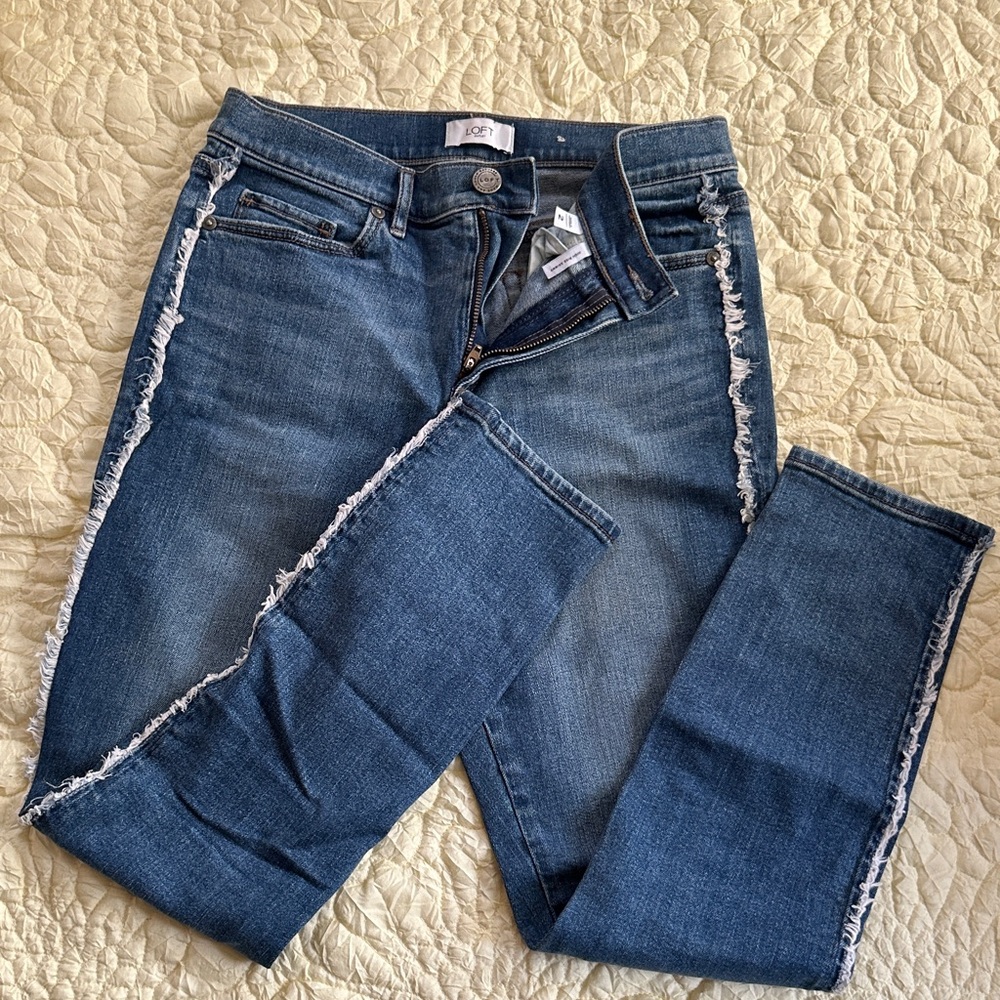 LOFT Dark Blue Skinny Jeans with Frayed Side Seams